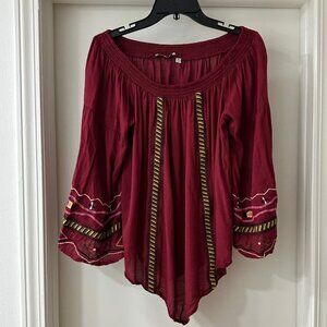 Hannah Dark Red Embroidered Tunic Boho Peasant Top, Size Medium